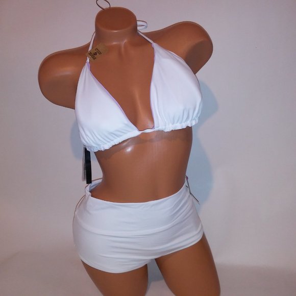 Victoria Secret PINK Swim Bikini Large White Purple Triangle Shortie String Reve - Picture 3 of 12